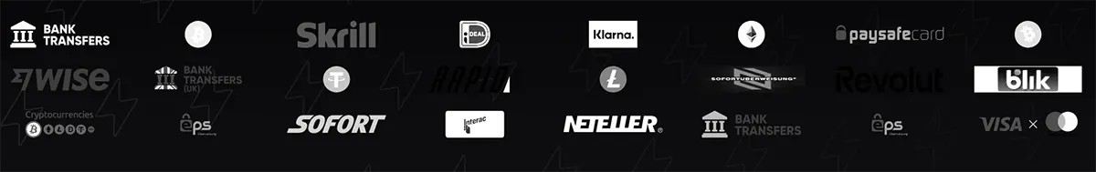 Payment method icons for Bank Transfers, Skrill, Wise, Klarna, Rapid, Sofort, Neteller, Paysafecard, Revolut, Blik, and Visa/Mastercard, with cryptocurrency logos and various banking services.
