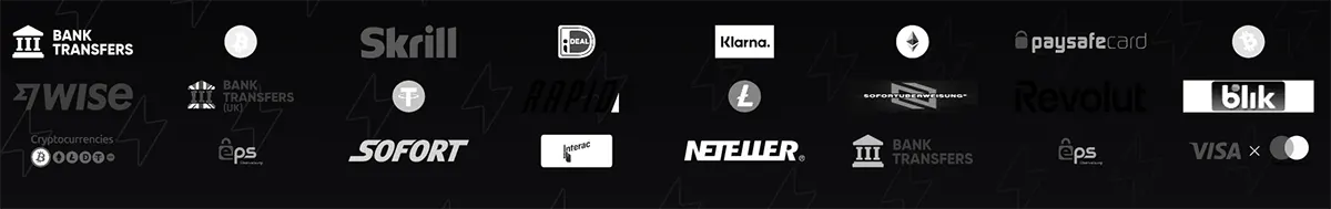Payment method icons for Bank Transfers, Skrill, Wise, Klarna, Rapid, Sofort, Neteller, Paysafecard, Revolut, Blik, and Visa/Mastercard, with cryptocurrency logos and various banking services.