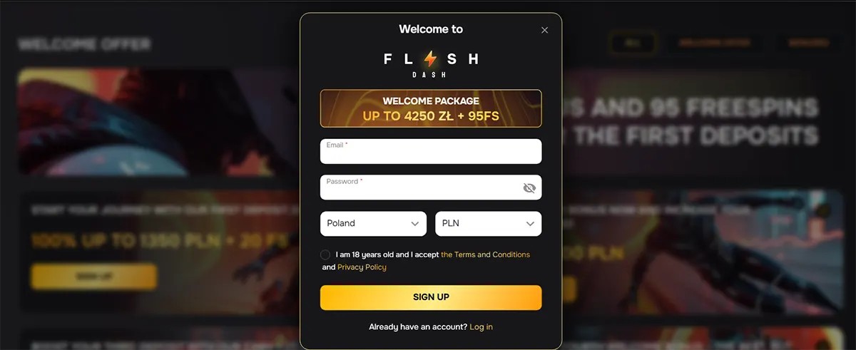 Flash Dash casino sign-up modal with a “Welcome Package” offering up to 4250 PLN and 95 free spins, featuring fields for email, password, country (Poland), currency (PLN), and a green 