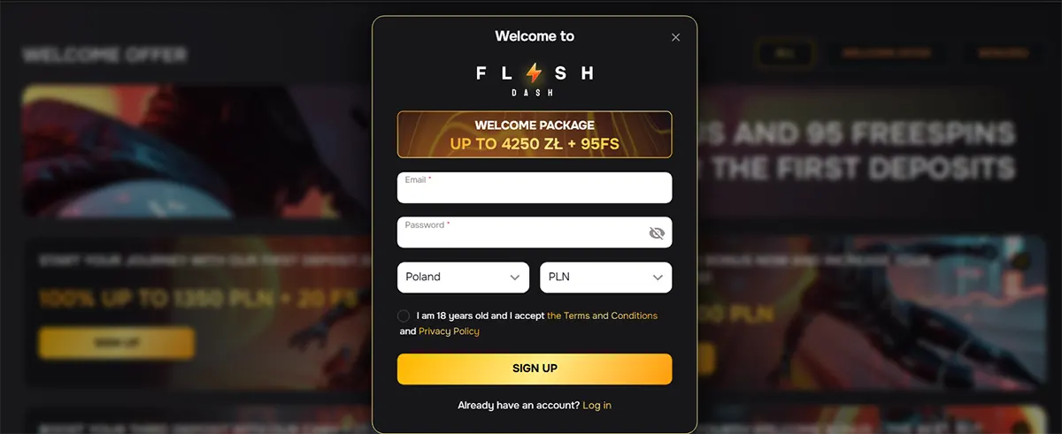 Flash Dash casino sign-up modal with a “Welcome Package” offering up to 4250 PLN and 95 free spins, featuring fields for email, password, country (Poland), currency (PLN), and a green 